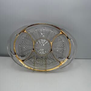 Jeanette Feather Clear Glass Gold Trim 5 Section Handled Relish Serving Tray Vtg